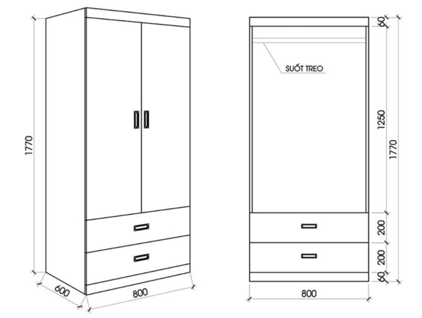 Kích thước tủ quần áo 2 cánh